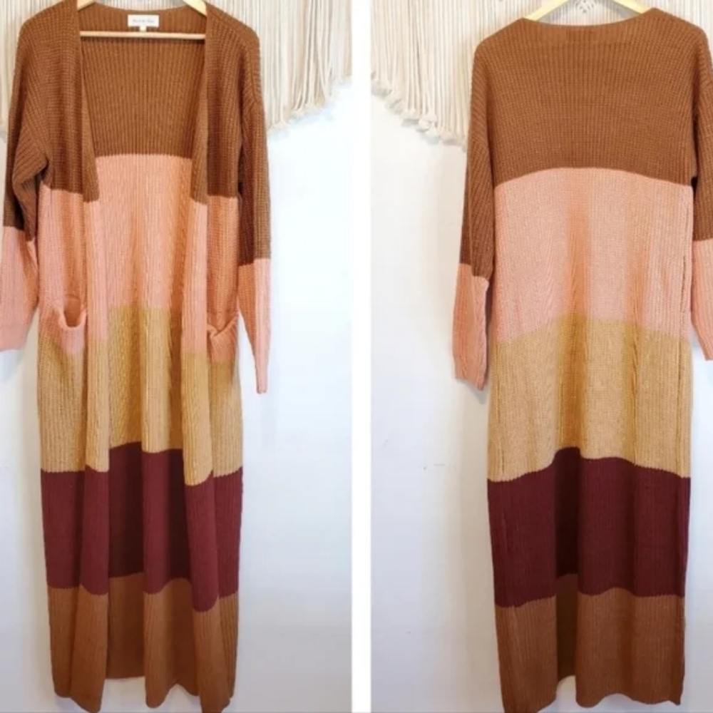 Cream and Brown Cardigan Sweater with Colorblock Design